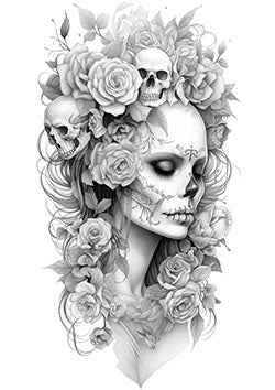 Tattoo template of a skeletal woman with roses and foliage