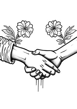 Tattoo template of a handshake surrounded by blooming flowers, symbolizing unity and growth.