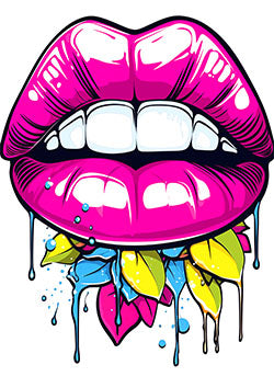 Tattoo template of a vividly colored pink mouth with dripping lips, releasing colorful flowers and leaves.