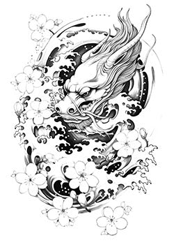 Tattoo template of a dragon with cherry blossoms and clouds