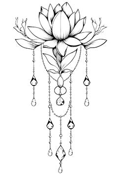 Tattoo template of a lotus with hanging jewels and chains.