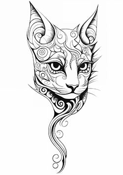 Tattoo template of a stylized cat adorned with intricate swirls and patterns