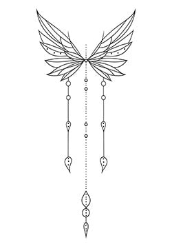 Tattoo template of a delicate line art angel wings with hanging ornaments.