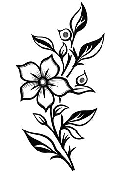 Tattoo template of a floral design with a central flower, intricate leaves, and smaller buds showcasing nature's elegance.