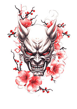 Tattoo template of an oni mask with cherry blossoms