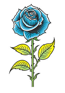 Tattoo template of a vibrant blue rose with elegant green and yellow leaves