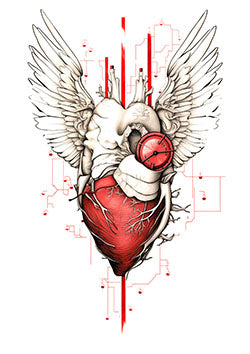 Tattoo template of a heart with gears and angel wings illustrating emotion, technology, and freedom