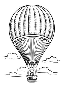 Tattoo template of a hot air balloon floating among clouds, representing adventure and freedom