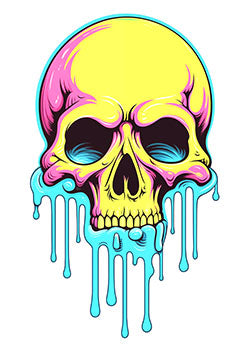 Tattoo template of a neon yellow skull with pink shadows and blue drips