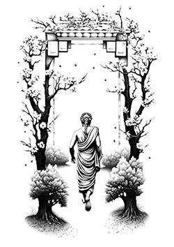 Tattoo template of a robed figure and cherry blossoms