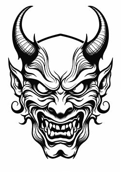 Tattoo template of a fierce demonic face with horns and sharp fangs, full of intense rage.