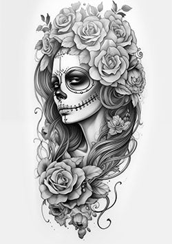 Tattoo template of a sugar skull woman with roses