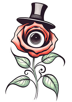 Tattoo template of a surreal rose with an eye in the center and a top hat