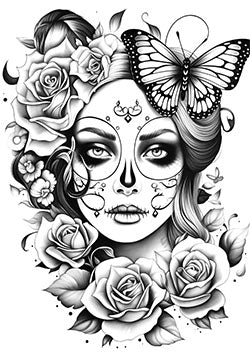 Tattoo template of a Day of the Dead woman adorned with roses and a butterfly