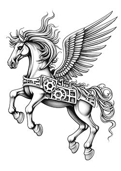 Tattoo template of a mechanical Pegasus with gears and wings, showcasing a blend of myth and steampunk elements.