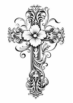 Tattoo template of an ornate cross with a flower center and filigree details