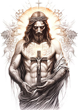 Tattoo template of a solemn Jesus with a crucifix, surrounded by ethereal figures and radiant light