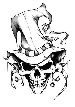 Tattoo template of a skull in a jester hat with bells