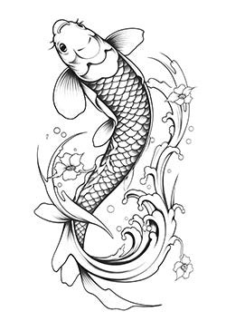 Tattoo template of a koi fish with flowers