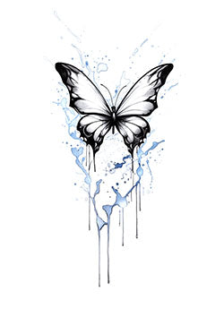 Tattoo template of a butterfly blending with watercolor splashes in black and white