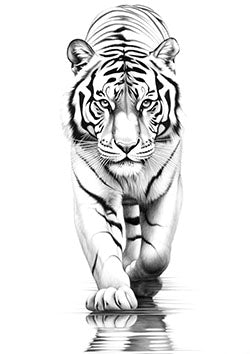 Tattoo template of a majestic tiger walking with its reflection in water