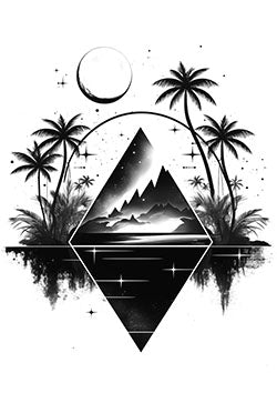 Tattoo template of a geometric nature landscape with moon and palms