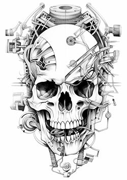 Tattoo template of a mechanical and human skull fusion