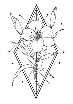 Tattoo template of a lily flower with buds in a geometric diamond frame, symbolizing elegance and purity