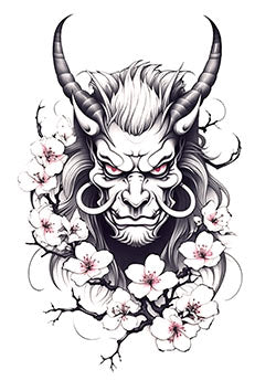 Tattoo template of a demon with cherry blossoms