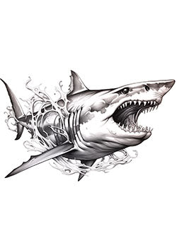 Tattoo template of a fierce shark with exposed teeth bursting through water