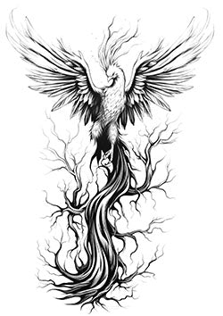 Tattoo template of a phoenix arising from tree roots