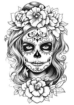 Tattoo template of a floral-adorned calavera skull