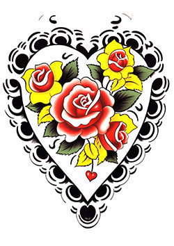 Tattoo template of a heart with red and yellow roses bordered by detailed black patterns