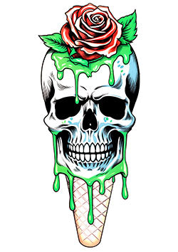 Tattoo template of a skull melting into an ice cream cone with a red rose on top