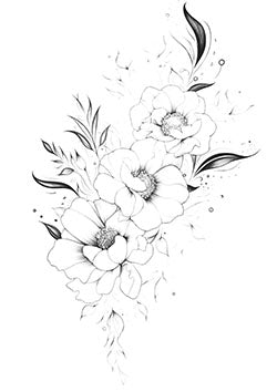 Tattoo template of a delicate floral arrangement with blooming flowers and leaves, emanating tranquility and natural beauty.