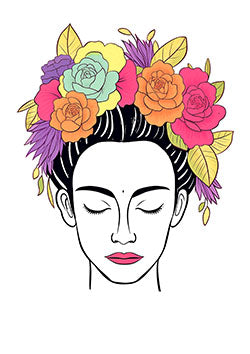 Tattoo template of a serene woman with colorful flowers in her hair symbolizing peace and nature