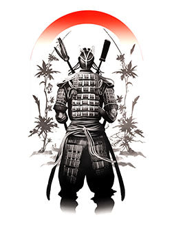 Tattoo template of a poised samurai warrior with a sunset backdrop