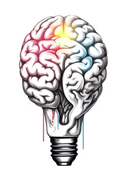 Tattoo template of a brain merging with a light bulb, highlighted with vibrant colors