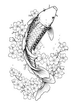 Tattoo template of a koi fish with cherry blossoms