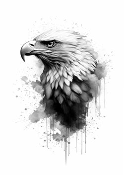 Tattoo template of a detailed eagle with an intense gaze and artistic ink splatter effects