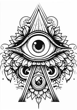 Tattoo template of a large eye within a floral mandala and geometric patterns.