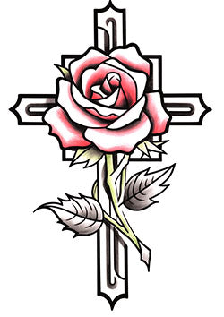 Tattoo template of a red rose entwined with a detailed cross, representing love and faith.