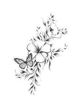 Tattoo template of a butterfly resting on a hibiscus flower with foliage