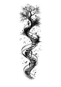 Tattoo template of a person on a piano staircase with trees and birds