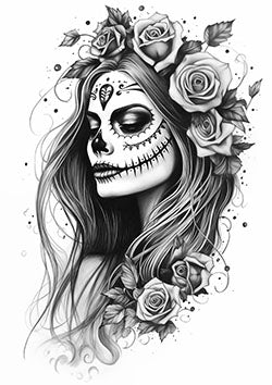 Tattoo template of a woman with a sugar skull face adorned with roses