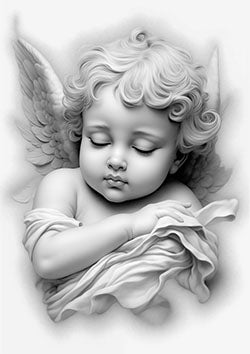 Tattoo template of a sleeping cherub with wings wrapped in drapery