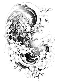 Tattoo template of a dragon with cherry blossoms