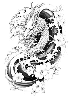 Tattoo template of a dragon with cherry blossoms