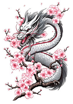 Tattoo template of a dragon with cherry blossoms