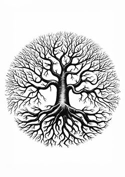 Tattoo template of a majestic tree with symmetrical branches and roots in a circular design